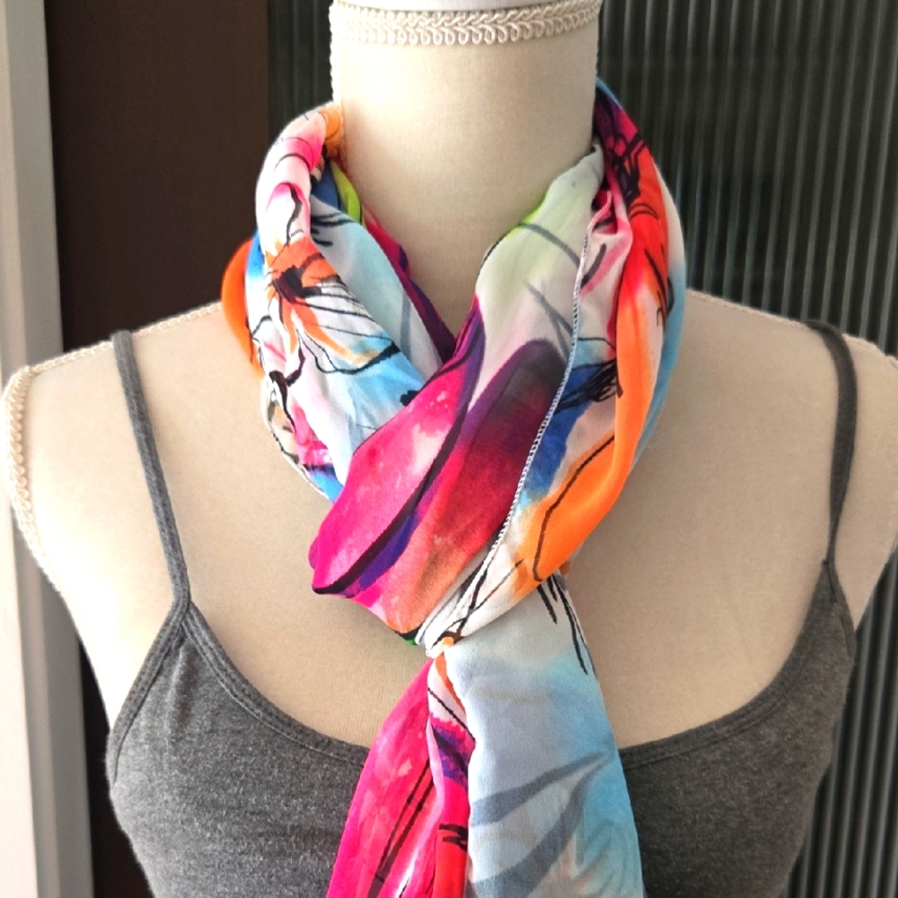PickyBoo 72"x28" Vibrant Multicolor Flora Pattern Gauzy Scarf